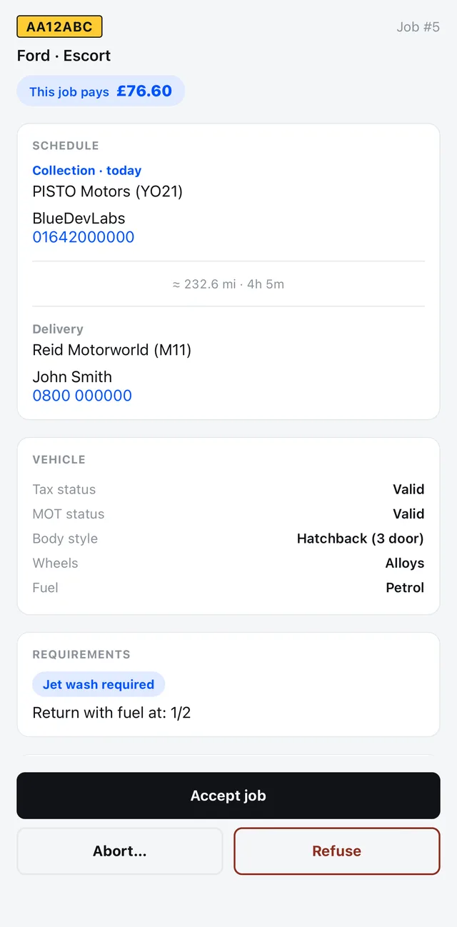 Job detail screen showing pay, schedule, vehicle and requirements before accepting