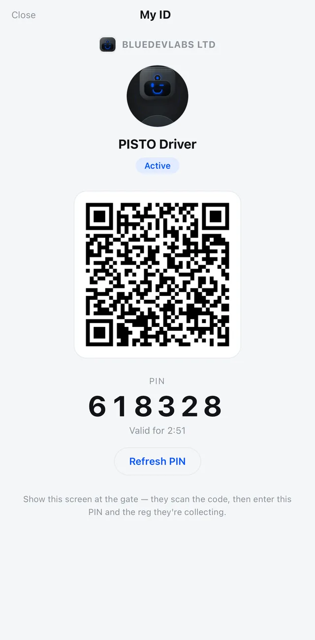 Digital Driver ID screen with a QR code and rotating six-digit PIN